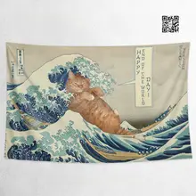 オリジナルデザインのオレンジ猫イラストと五頭の牛の浮世絵【葛飾北斎・神奈川の波】壁掛け布