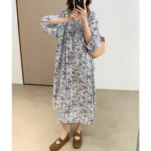 青磁花柄デザインのランタン袖五分袖ワンピース【ルーズフィット・ナチュラルスタイル】