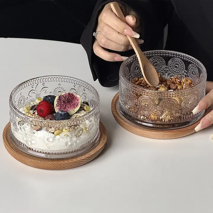 スタイリッシュなガラス製 ブレックファーストボウル【アイスクリーム・ヨーグルト・プリン・スイーツ・フルーツ用】