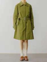 三良洋貨 COUDRE フレンチスタイル レトロガーリー 春色グリーン コットンAライン ウエストリボン付きトレンチコート