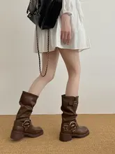 ブラウン レディース 中筒 マーチンブーツ【ヴィンテージ風・バックル付き・春秋用】