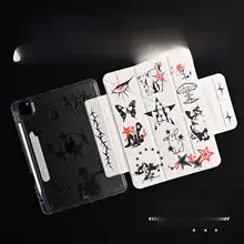 アクリル製レトロアートデザインのブラックホワイト両面印刷iPadプロ保護ケース【マグネット式・彩色イラスト】
