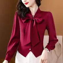  chicリボン付きサテンシルクシャツ【レディース・短丈・春秋用】