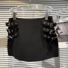 金属カギ付きデザインの重工ショートスカート【Aライン・女性用・クールスタイル】（セットアップ対応）
