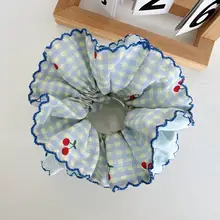 可愛いピンクチェリー格子のヘアゴム【大きめ・丸いお団子用・高級感】