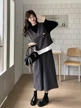 韓国風アカデミックスタイルの女性用コーディネート【高級感あるベスト・タンクトップ・ワイドパンツ・春秋向け】（セットアップ対応）