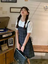 チェック柄ワンピース【ウエストマーク・リボン付き・ドールカラー・短袖】（セットアップ対応）
