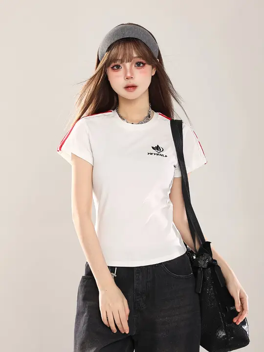 ストライプレースパネルの短袖Tシャツ【女性用・フィット感・ウエストシェイプ】