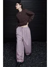紫色のワイドレッグコットンパンツ【冬用・フィット・ストレート】