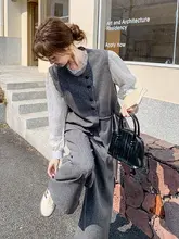 灰色のファッショントップスとワイドパンツ【春用・ビジネスシーン・スリムフィット・シンプルデザイン】（セットアップ対応）