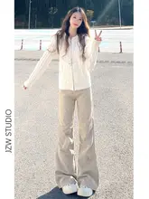 カーキ色ハイウエストストレートジーンズ【女性用・ワイドフィット・スリム効果】（セットアップ対応）