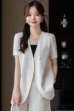 米白色 ショートスリーブ テーラードジャケット【Vネック・フィットデザイン・カジュアルファッション】（セットアップ対応）