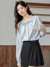 木耳飾り付きリボン長袖シャツ【ゆったりとしたシルエット・アカデミックスタイル】