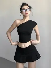 オフショルダースリーブレスTシャツ【不規則褶皱・ウエストシェイプ・秋春用】