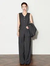 春秋向け上質なダークグレーのビジネススーツベストとワイドパンツ【洗練された印象・オフィススタイル】（セットアップ対応）