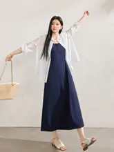 大きいサイズのライサール混紡透け感サンプロテクションシャツ付きキャミワンピース【ウエスト絞り・秋用・シンプルデザイン】（セットアップ対応）