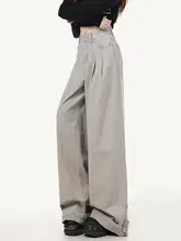 グレーのワイドレッグシワ加工デニムパンツ【夏用・女性・フィット・ストレート】