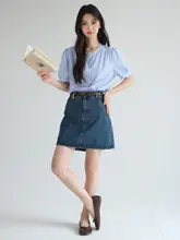 ブルーのストライプバルーンスリーブシャツ【大きいサイズ・夏用・甘いデザイン】