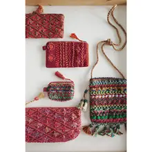 バッグチャーム ミニポーチ エジプト風 ビーズ刺繍 レッド イヤホン カード アクセサリー 収納