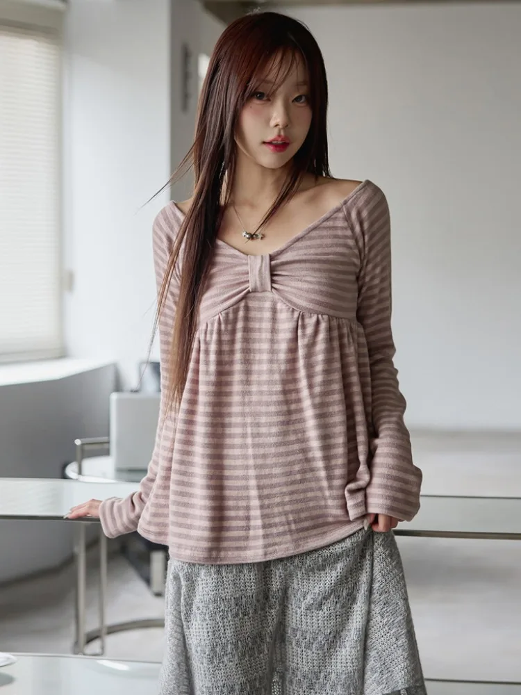 レトロストライプオフショルダー長袖Tシャツ【リボン付き・ゆったり・春用】