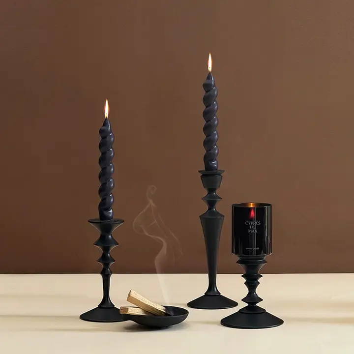 ヴィンテージ風 ブラック 木製キャンドルホルダー【デスクトップ装飾用・高級感あり】