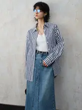 長袖 青いストライプシャツ【女性用・フィット・春秋用】