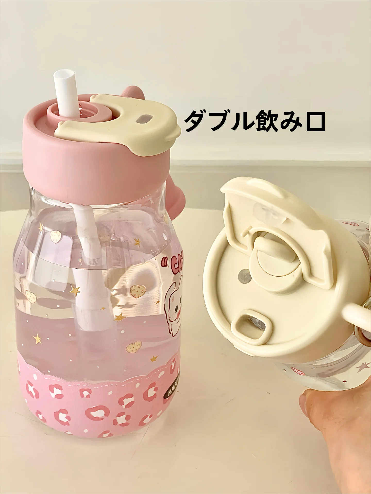 ストロー付き水筒の選び方：夏用可愛デザイン600mlダブル飲み口モデル