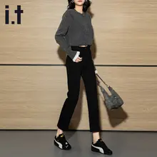 高腰ストレートデニムパンツ【女性用・黒・スリムフィット・九分丈】