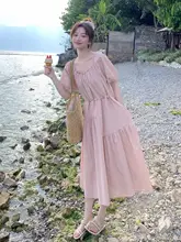 粉色の甘美なパフスリーブワンピース【フレンチスタイル・優しい雰囲気・ロング丈】（セットアップ対応）