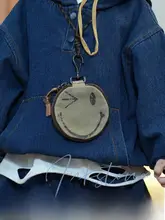 ミニポーチ イヤホンケース キッズ ボーイズ ガールズ ウォッシュドキャンバス ミリタリー スマイル柄 ネックストラップ付き おしゃれ 通学 お出かけ