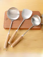 Suncha 304不織鋼製の家用フライ返し【ブナ材ハンドル・お玉・こし器・炒め用・キッチン用】（セットアップ対応）