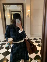 レトロなアカデミースタイルのチェック柄シャツとスカート【秋用・半袖・ひざ丈】（セットアップ対応）