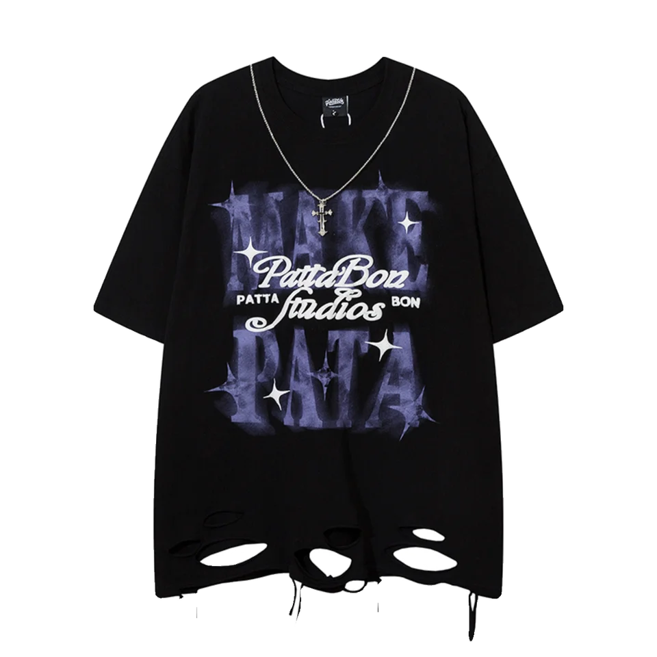 オーバーサイズのラウンドネック半袖Tシャツ【ユニセックス・デザインダメージ・ストリートスタイル】