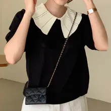 夏用 バイカラー前開きデザインのパフスリーブニットトップス【フィット】