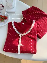 赤いポルカドットのパジャマ【女性用・綿素材・心形デザイン・快適なルームウェア】（セットアップ対応）