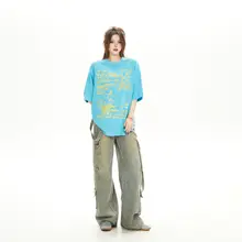 カジュアル印刷のゆったり半袖Tシャツ【女性用・韓国風・五部袖】