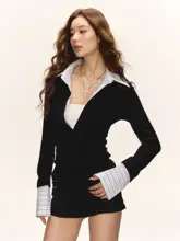 春秋用デザインシャツとTシャツの重ね着風トップス【女性用・高級感・スリムフィット】（セットアップ対 応）