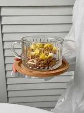 大容量ガラス製朝食カップ【浮彫デザイン・フルーツヨーグルト用・蓋付き・スプーン付き】