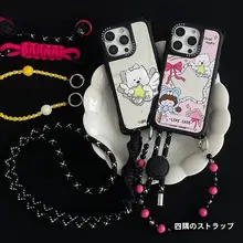 星の抱っこ天使と小犬デザインのiPhoneケース【ストラップ付き・ミラー機能・斜め掛け可】