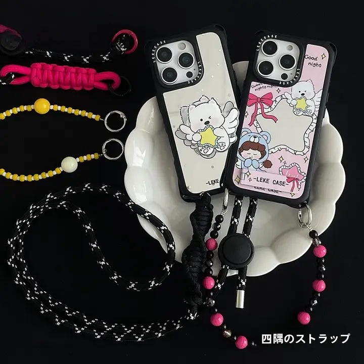 星の抱っこ天使と小犬デザインのiPhoneケース【ストラップ付き・ミラー機能・斜め掛け可】