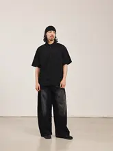 夏季デザインのブラウンポロネック半袖Tシャツ【ルーズフィット・レトロスタイル・ラグランスリーブ】（セットアップ対応）