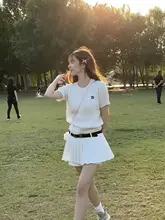 白色のハイウエストミディプリーツスカート【夏用・小柄女性向け・インナーパンツ付き】