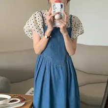 夏用ドット柄パフスリーブブラウス【ラウンドネック】とウエストマークデニムドレス【スクエアネック・シルエットを美しくするデザイン】（セットアップ対応）