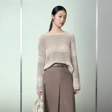 春季新作の透かし編みストライプニットプルオーバー【長袖・女性用】