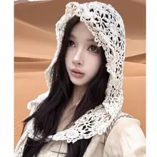 ハンドメイド透かし編みの多用途ショール帽子【夏の旅行・撮影用・ニットデザイン】（セットアップ対応）