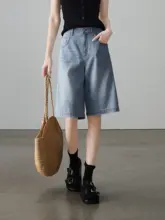 高腰デニムショートパンツ【女性用・薄手・フィット・フレアデザイン】（セットアップ対応）