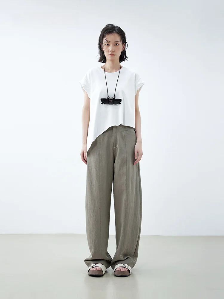 デザイン性のある不規則下摆ミニスリーブTシャツ【夏用】（セットアップ対応） 50代ファッションにぴったり