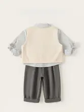 春季カジュアル男の子用ベスト付きトラ柄シャツとパンツのコーディネート（セットアップ対応）