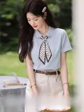 極上の柔らかさのブルー小翻领Tシャツ【女性用・短袖・夏用・スリムフィット】