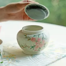 手描き桃花デザインの陶器製ストレージ容器【防湿密閉・家庭用】